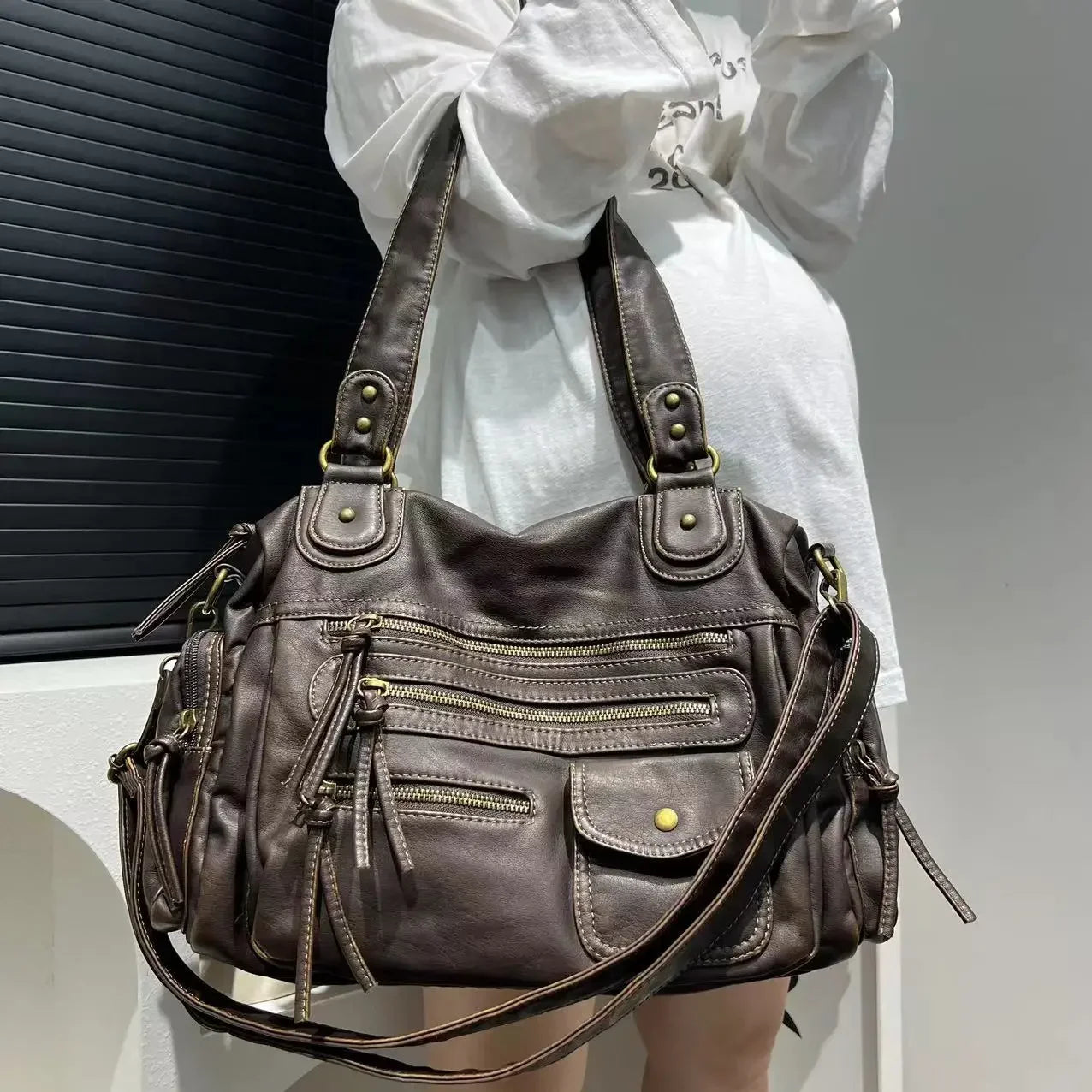 Vintage PU Leather Ladies Handbag Cosmetic Storage Tote Shoulder Crossbody Casual Fashion Underarm  Female Bag