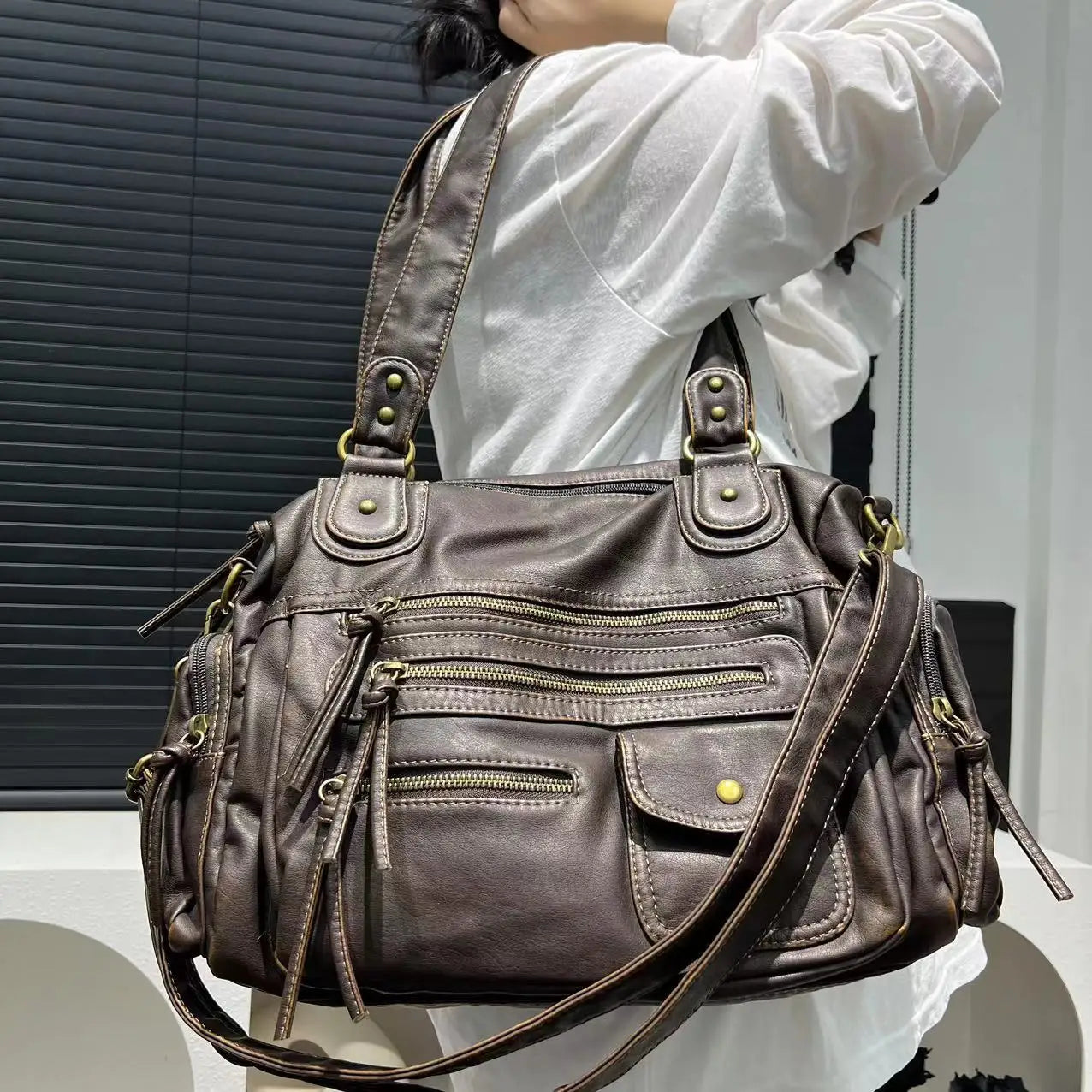 Vintage PU Leather Ladies Handbag Cosmetic Storage Tote Shoulder Crossbody Casual Fashion Underarm  Female Bag