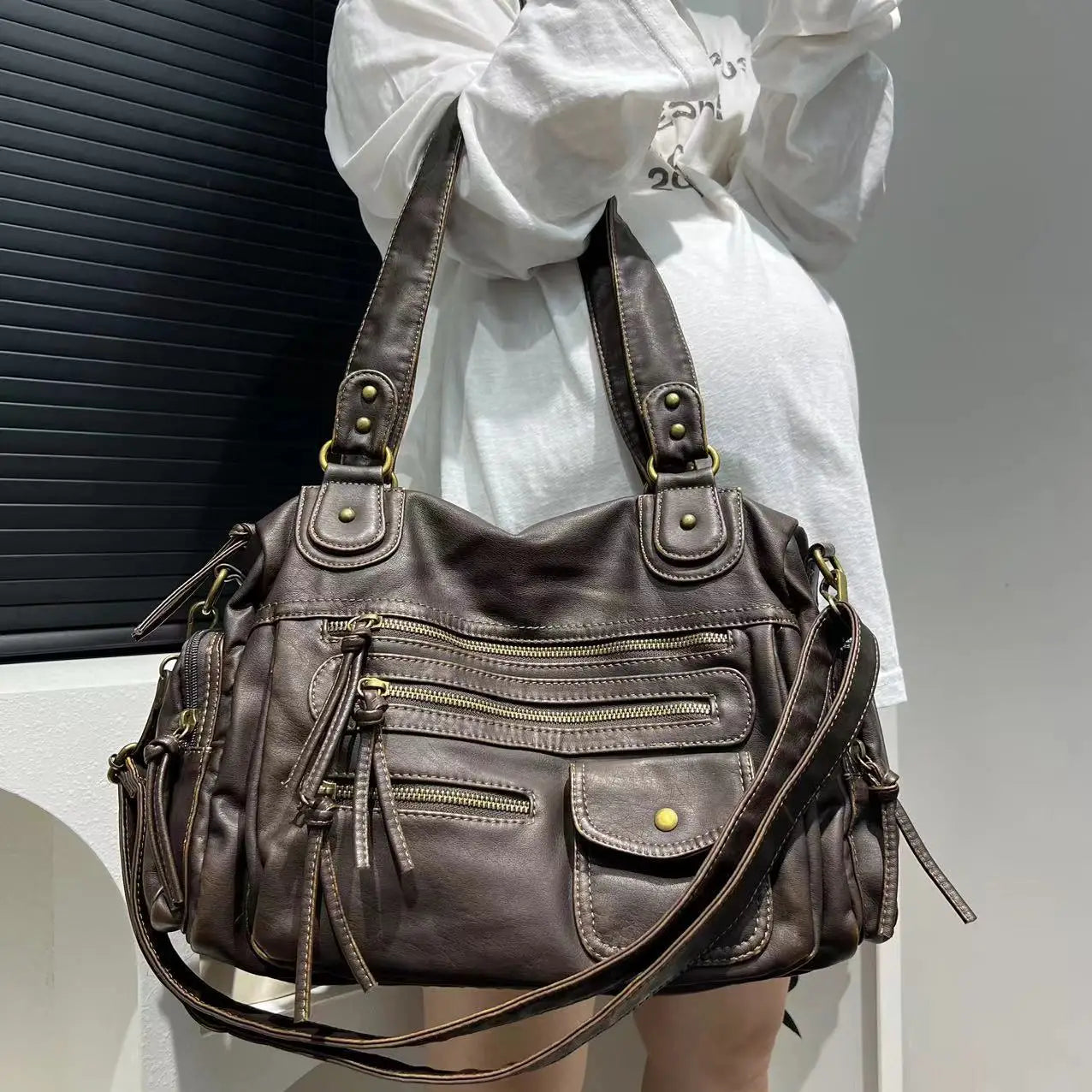 Vintage PU Leather Ladies Handbag Cosmetic Storage Tote Shoulder Crossbody Casual Fashion Underarm  Female Bag